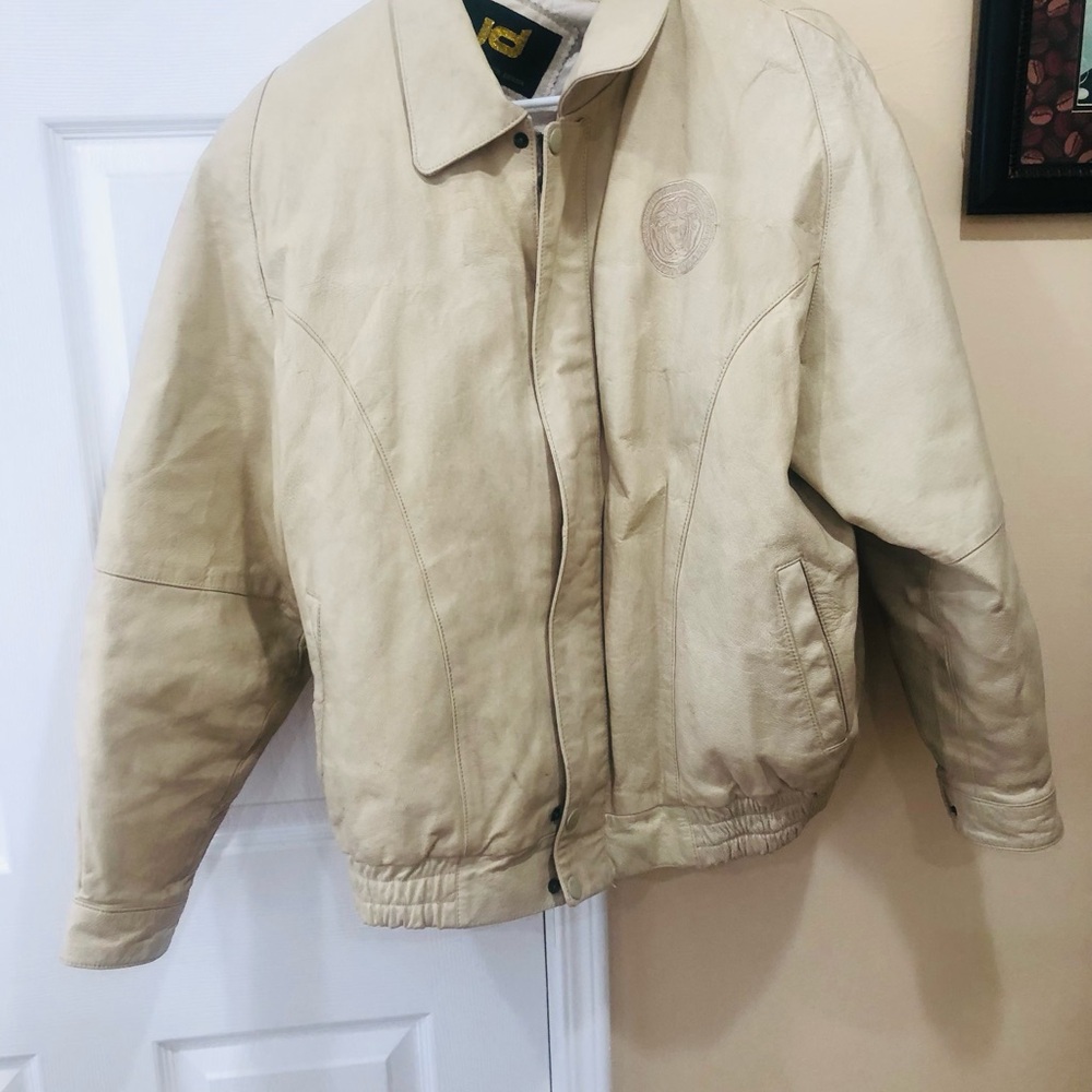Beige Leather Bomber Jacket